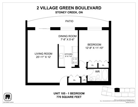 A floor plan for a 1 bedroom unit at 2 Village Green Boulevard.